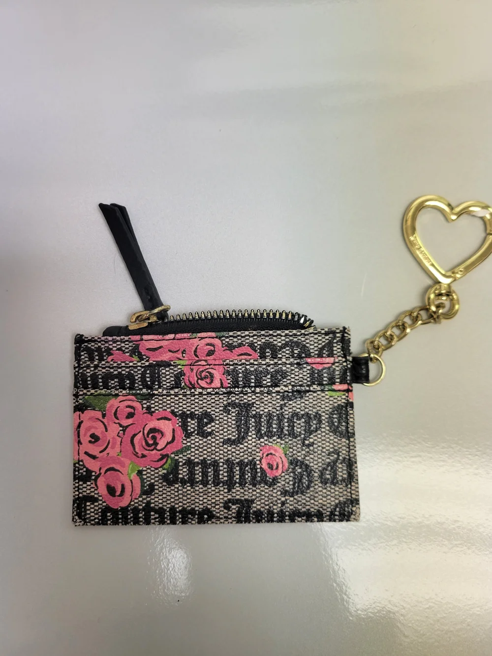 Juicy Couture Floral Zip Keychain Wallet Card Holder Heart Keyring Black Pink